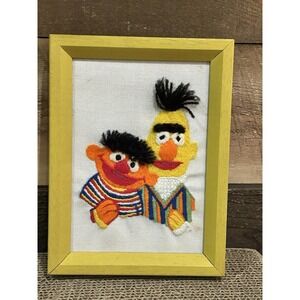 VTG 1970s Framed Handmade Crewel Embroidery Sesame Street Bert & Ernie 6x8"